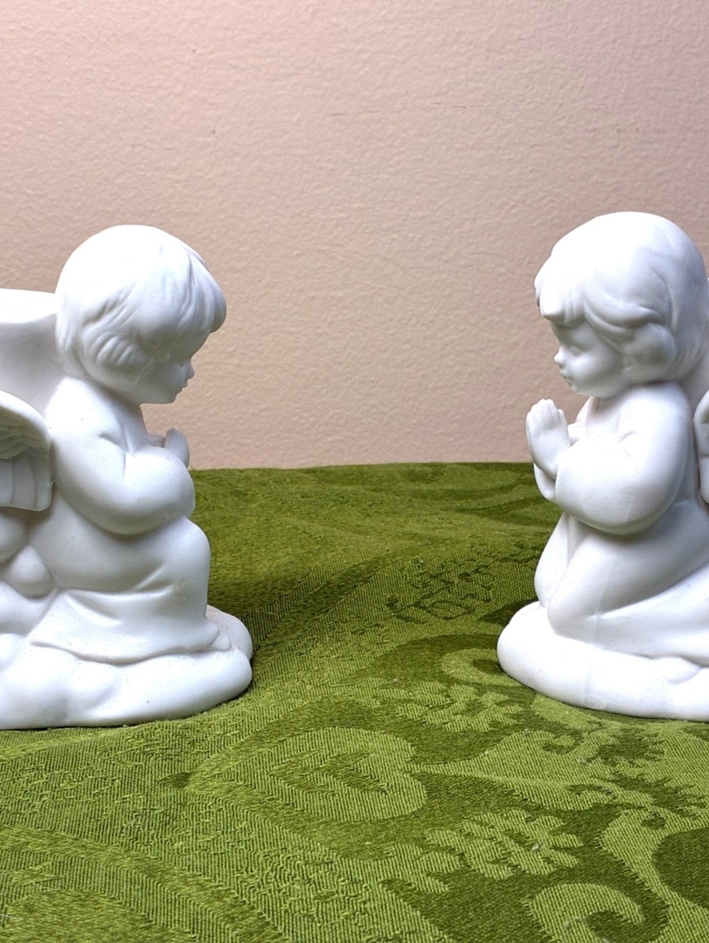 Pair of vintage White bisque Angel Figurine Candle Holders